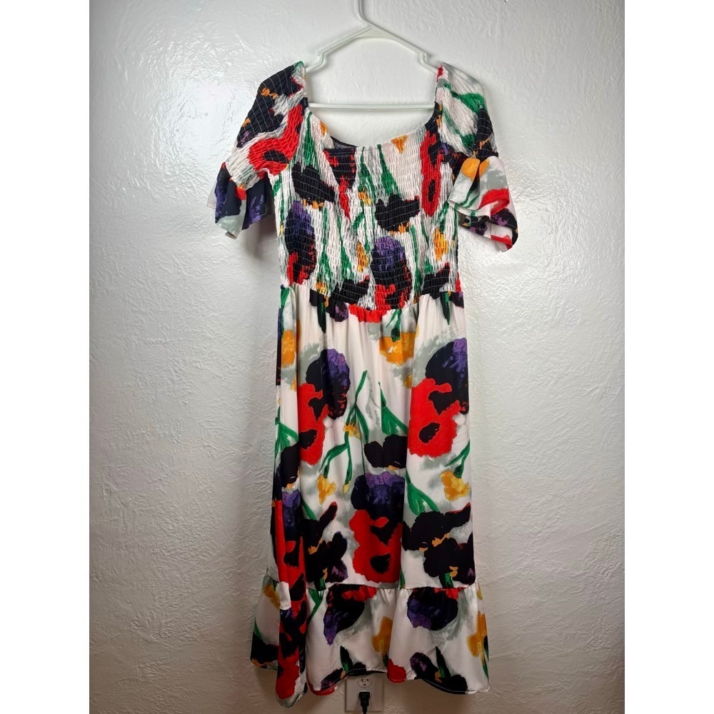 Milkmaid Dress 2XL Smocked Multicolor Floral Ruffle Artsy Cottagecore Prairie